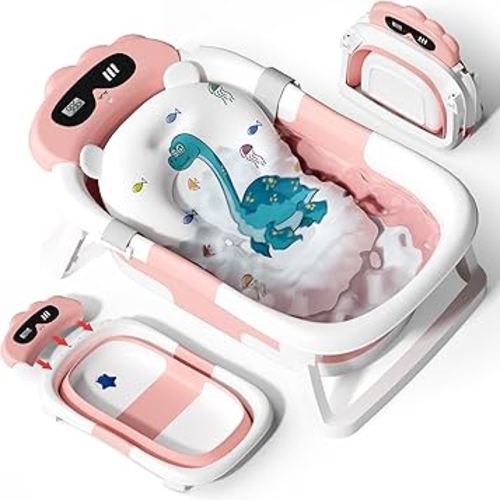AVIDOR Baby Bathtub,Collapsible Bathtub for Newborn to Toddler,Durable Essential Infant Bath Tub,Portable Travel Baby Tub with Soft Bath Net,No-Slip Feet and Dinosaur Shaped (Pink)