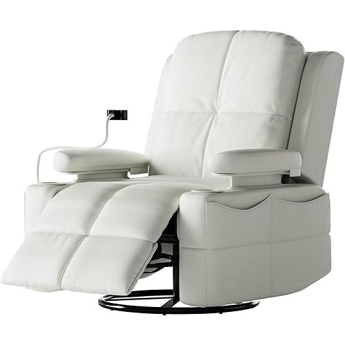 Rocking Chair Nursery with Adjustable Armrests, Electric Glider Recliner Nursing Chair for Breastfeeding, Power Swivel Recliner Chairs with USB Port and Storage, FSC Certified (Vanilla)