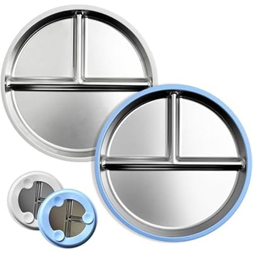 Stainless Steel Kids Plates Baby Plates, Plates with Suction, Stainless Steel Plate Suction, Divided Control Plate with Removable Silicone Shell, Feeding Camping