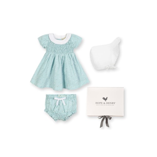 Baby 3 Piece Linen Dress with Ruffle Collar and Bonnet Boxed Gift Set, Infant, 6-12M