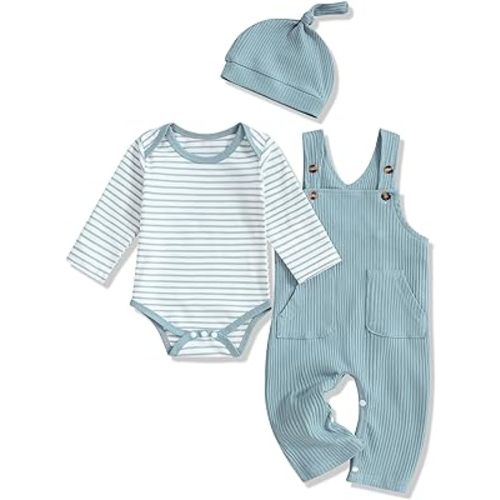 Baby Boy Clothes Stripe Pattern Print Romper Top and Baby Overalls with Hat 0-18 Months Baby Boy Outfits