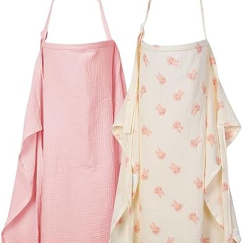 2-Pack Nursing Covers for Breastfeeding - Lightweight, Breathable Baby Breastfeeding Covers with Arch Neckline & Adjustable Straps, Pink & Bunny Design, Privacy Nursing Cover for Women