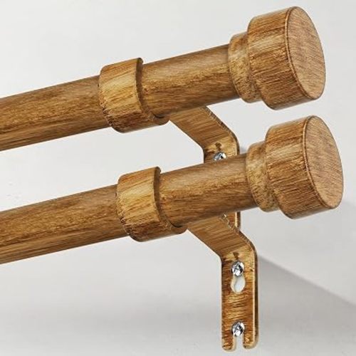 2 Pack Boho Wood Curtain Rods for Windows 48 to 84 Inch, 1" Adjustable Heavy Duty Curtain Rod with Imitation Wooden Grain Finials, Rustic Farmhouse Modern Style Decorative Drapery Rods, Size 32"-90"