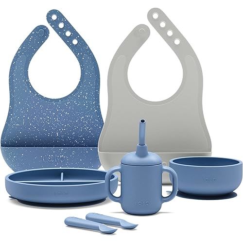 Lalo First Bites Silicone Baby Feeding Set - Baby Led Weaning Supplies - Non-Toxic Silicone - Includes 2 Bibs, 2 Spoons, Training Cup, Suction Plate and Bowl - 6 Pieces - Blueberry