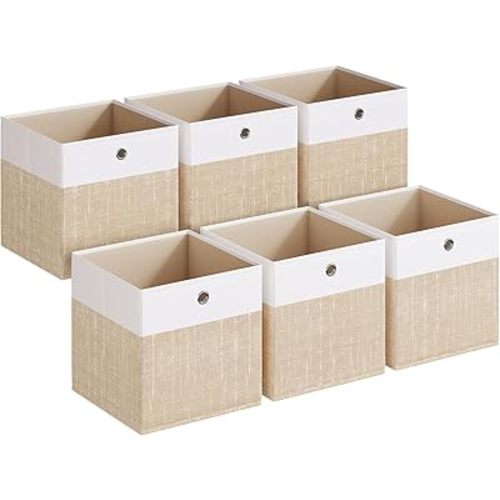 SONGMICS Storage Cubes, Set of 6 Foldable Fabric Storage Boxes, Cube Organizer Boxes with Handles, for Closet Shelves, Odorless, 13 x 13 x 13 Inches, Cloud White and Sand Beige URFB433LF02