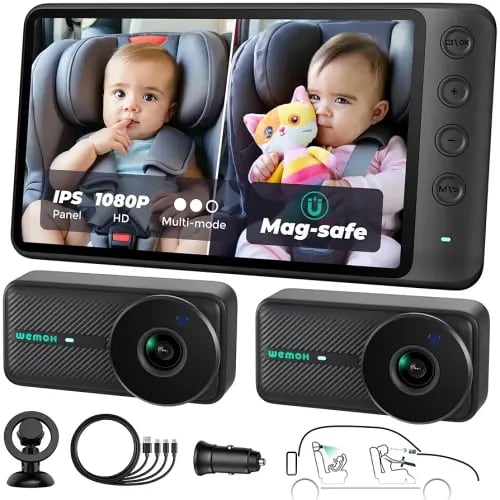 Magnetic Dual Baby Car Camera for Two Kids, 1080P IPS Display with Magnetic Mount, 3 Modes(Zoom/Mirror/Split), Automatic Night Vision, USB-Powered Car Camera for Baby Rear Facing (2 Cams)