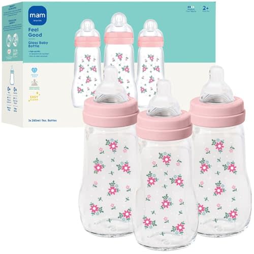MAM 9oz Premium Glass Wide Neck Baby Bottle with Medium Flow Breastfeeding-Like Silicone Nipple, Easy to Clean, BPA Free, 2+ Months, Easy Switch Between Breast and Bottle, Made in Europe, 3 Pack