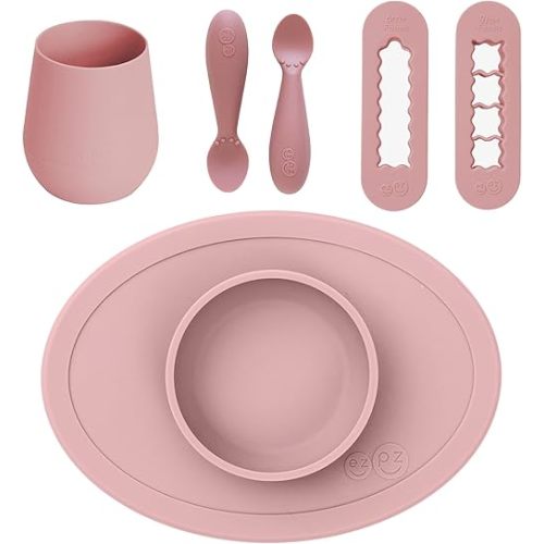 ezpz First Foods Bundle 6m+ (Blush) Tiny Bowl + Tiny Spoons + Tiny Cup + Food Cutters Baby Essentials
