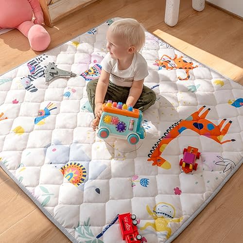 Sinhaklóho 50" x50" Foldable Thicker Foam Baby Play Mat for Playpens & Floors - Soft, Non-Slip & Odor-Free Crawling Mat for Infants & Toddlers, Machine Washable, Safari Adventure Design