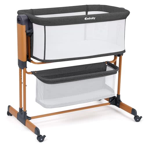 Ezebaby 3-in-1 Baby Bassinet Bedside Sleeper with Mattress, Full-Mesh Sides | Baby Bedside Crib with 7-Height Adjustable, Lockable Wheels for Newborns, Dark Grey