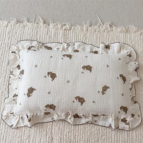 BuLuTu Cartoon Bear Muslin Pillowcase for Boys Girls Cute Animal Print Toddler Pillow Cases Soft Breathable Cotton Crib Cradle Pillow Cover for Kids Nursery Bedding,1 Piece, 20"x12"
