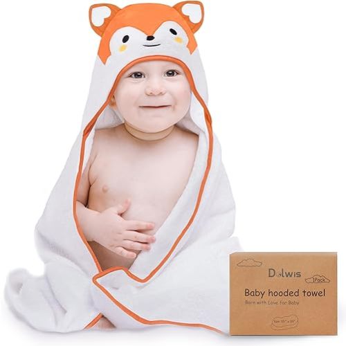 Dolwis Baby Bath Hooded Towel - Organic Hooded Towel Toddler Bath Towel Neutral Infant Ultra Soft Baby Terry Hooded Animal Towels with Hood for Boy & Girl (Fox)