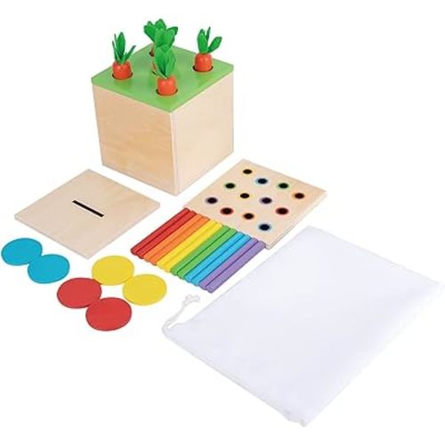 Adena Montessori 3 in 1 Wooden Montessori Play Kit Baby Toys,Includes Matchstick Color Drop Game,Carrot Harvest Game and Coin Box,Learning Toy for Kid 1,2,3 Year Old,Girl Boy Gift for Baby 6-12 Month