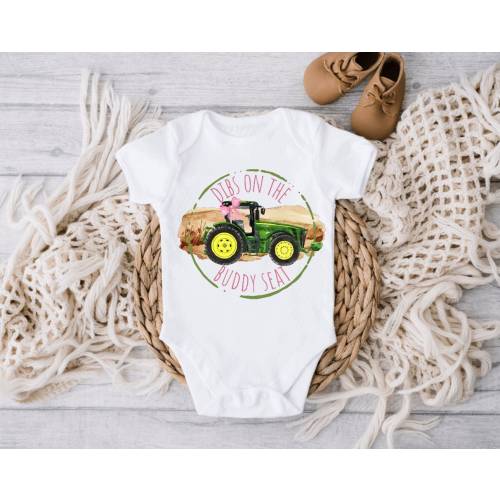 Dibs on the Buddy Seat Bodysuit, Pregnancy Reveal to Dad, Girl Boy Birth Announcement, Farm Green Tractor Baby Bodysuit, Combine Shower Gift