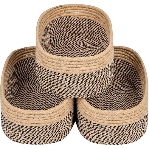 CubesLand Small Baskets, Storage Baskets for Organizing Shelves, Rectangular Woven Storage Baskets Natural Cotton Rope Toy Storage Bins Closet Baby Baskets Empty Gifts Baskets Camel/Mixed Black