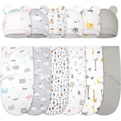 Ramede 6 Pack Baby Swaddle Blanket with Hats Sleep Swaddle for 0-3 Months Newborn Sacks Soft Cotton Wearable for Boy Girl