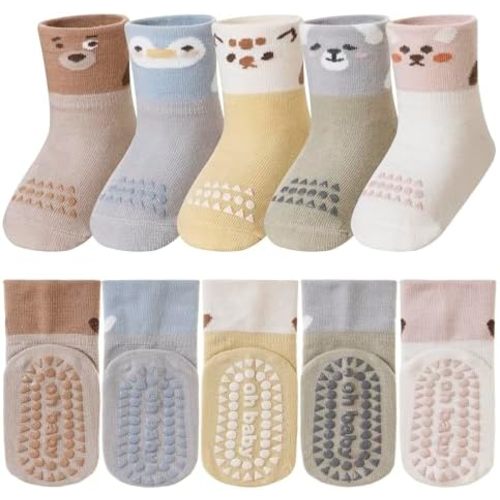 Velice Baby Toddler Non Slip Socks - Little Girls & Boys Cute Cartoon Cotton Crew Socks - 5 Pairs