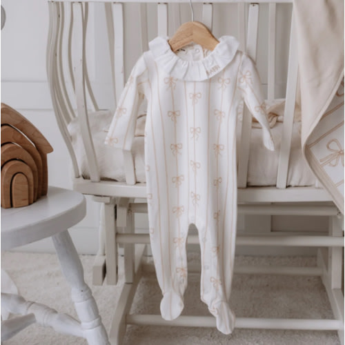 Baby Footed Onesie - Ribbon/Beige