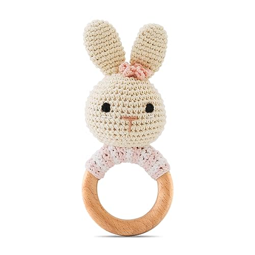 Chriswell Wooden Baby Rattle，Crochet Bunny Rattle with Wood Ring, Newborn Wooden Animal Rattle Toy，Infant Bunny Wood Rattle Toys，Bunny-2