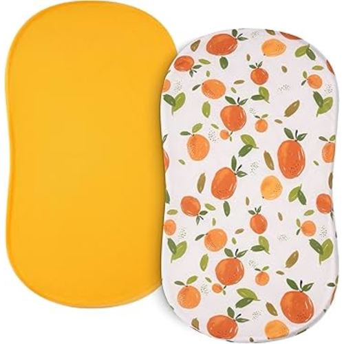 TILLYOU Baby Bassinet Sheets for Girls Boys 2 Pack Baby Sheets for Square Rectangle Oval Bassinet Mattress 33X16 Inch, Orange Flavour & Orange