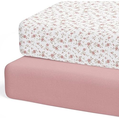 Crib Sheets Neutral - Fitted Baby Crib Sheets Bed for Girl Boy - 2 Pack Standard & Toddler Mattress (Juliette) - Buttery Soft Organic Cotton Blend