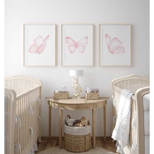 Blush Pink Watercolor Butterflies – Set of 3 Prints – Minimalist Wall Art for Baby Girl Nursery or Kids Room