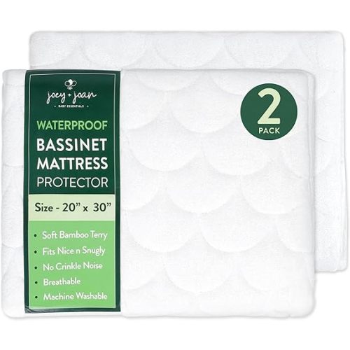 Joey + Joan Waterproof Bassinet Mattress Pad Cover Compatible with Graco Bassinets & Travel Lite Crib – 2 Pack Quilted Mattress Protector Made from Ultra Soft Bamboo Viscose Terry – 20" x 30"