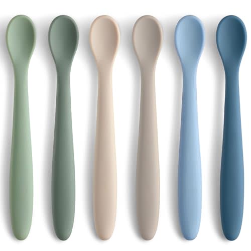6 Piece Silicone Baby Feeding Spoons, First Stage Infant Soft-Tip Easy on Gums, Training Spoon Self-feeding, Utensils Supplies, Dishwasher & Boil-proof - Blue
