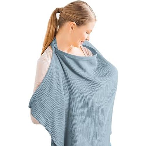Konssy Muslin Nursing Cover for Baby Breastfeeding, Breathable 100% Cotton Breastfeeding Cover with Rigid Hoop for Mother Nursing Apron, Multi-use Carseat Canopy (Blue)