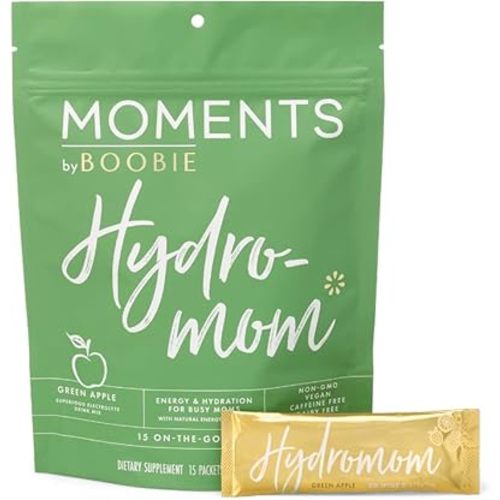 Boobie Hydromom Superfood Electrolyte Drink Mix, Green Apple | Refreshing Energy & Hydration Boost for Mamas | On-The-Go & Travel Essentials for Pregnancy, Lactation, & Beyond, 15 Packets