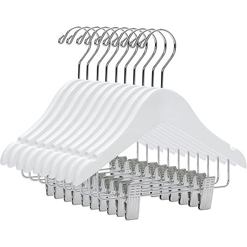 Quality Hangers 10” Wooden Baby Hangers with Clips | 20 Pack | Pant Skirt Hangers with 360-Degree Swivel Hook & Nonslip Notches | Infant Hangers Suitable for Baby Clothes of 0-3 Years (White, 20)
