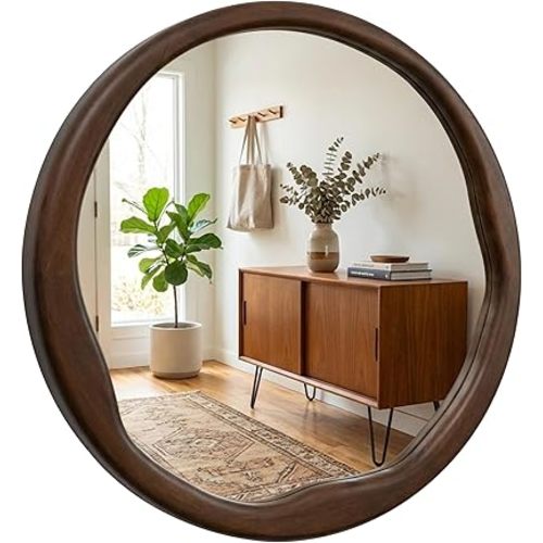 Round Dark Wood Mirror 24 Inch, Irregular Wavy Inner Frame Wall Mirror for Powder Room, Guest Bath, Solid Wood Asymmetrical Modern Decor