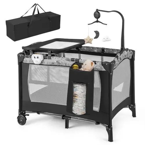 HONEY JOY Pack and Play, 4 in 1 Portable Baby Playard with Bassinet, Changing Table, Lockable Wheels, Music Box, Foldable Travel Baby Crib Nursery Center from Newborn to Toddler (Dark)