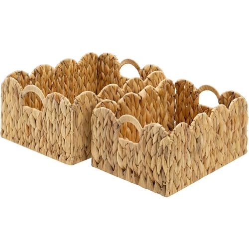 GRANNY SAYS Scalloped Baskets for Shelves, Water Hyacinth Woven Basket with Built-in Handles, Large Wicker Baskets for Storage and Organizing, Pantry, Home Decor, 2-Pack