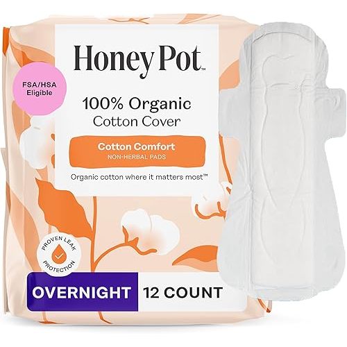 The Honey Pot Company - Sanitary Pads for Women - Non-Herbal Overnight w/Wings - Organic Cotton Cover, & Ultra-Absorbent Pulp Core - Feminine Care - FSA & HSA Eligible - 12 ct