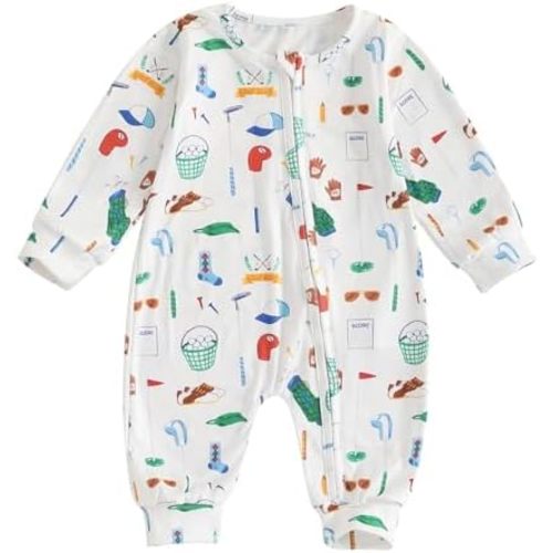 SAYOO Newborn Baby Girl Boy Golf Outfit Hole In One Golf Print Romper Jumpsuit Casual Full Length Footed Zipper Jumpsuit