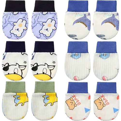 6 Pairs Newborn Baby Mittens No Scratch Gloves Infant Toddler Anti Scratch Essentials Unisex Cotton for 3-9 Months Girls Boys(Classic Colors, Thin)