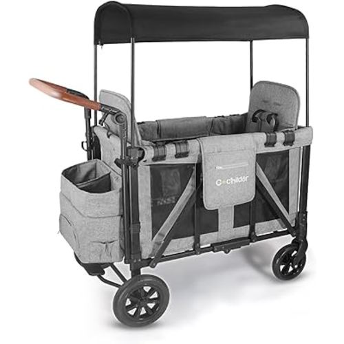 Elite 2 Seater Wagon Stroller for Kids, Foldable Stroller Wagon with Removable Seats & Canopy, 5-Point Safety Harness, Adjustable Handle, Light Grey