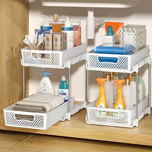 2 Pack Pull Out Bathroom Organizers and Storage, 2 Tier Stackable Under Sink Storage Organizer for Bathroom, Kitchen Cabinet, Pantry, and Medicine Holder, Organization and Storage - White