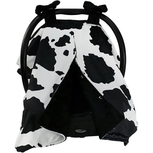 Dear Baby Gear Black and White Holstein Cow Baby Car Seat Canopy with Snap Button Opening and Puffy Bows— Layered Lightweight Cover Keeps Babies Cozy and Sheltered — 40 x 30 Inches