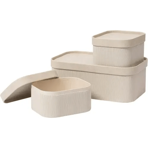 LA JOLIE MUSE Storage Basket Set of 3 with Leather Lids Fluted Cardboard - Light Grey