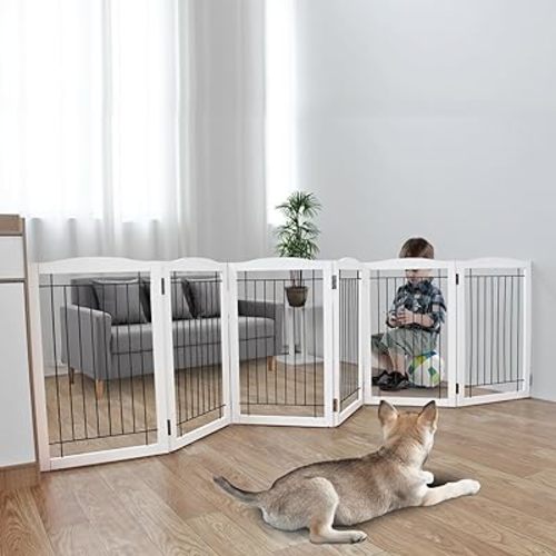 ZJSF Freestanding Foldable Dog Gate - Wooden Extra Wide White Puppy Gate (6 Panels Tall) for House Dogs