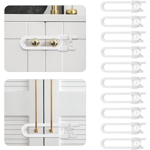10 Pack Baby Sliding Cabinet Locks - Safeasy Adjustable U Shaped Child Safety Locks,Childproof Latches for Kitchen Bathroom Storage Cupboards Doors, Handles and Knobs (white, 10)