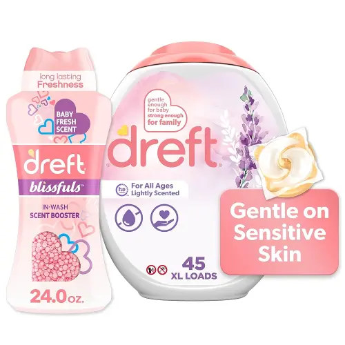 Dreft Laundry Bundle: Dreft Detergent Pacs, Lightly Scented, Lavender, HE Compatible, 45 Count + Dreft Blissfuls In-Wash Scent Booster Beads, Baby Fresh Scent, 24 oz