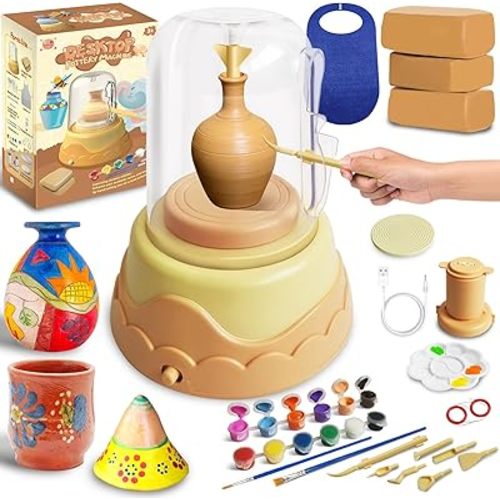 Mikiomie Mini Pottery Wheel for Kids, Pottery Kit with 2 Modes, 1.65lb Air Dry Clay, 6 Colors Paints, 6-13 Years