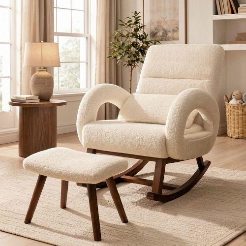 Oversized Rocking Chair with Ottoman, Upholstered Nursery Glider Chair with Side Pockets