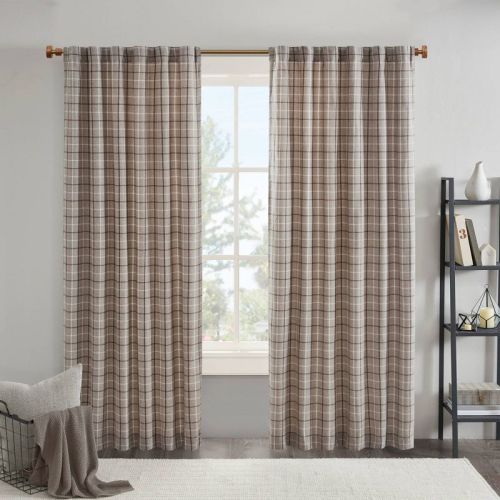 50"x95" Madison Park Light Filtering Preston Plaid Curtain Panel: Thermal Insulated, Machine Washable, Faux Leather