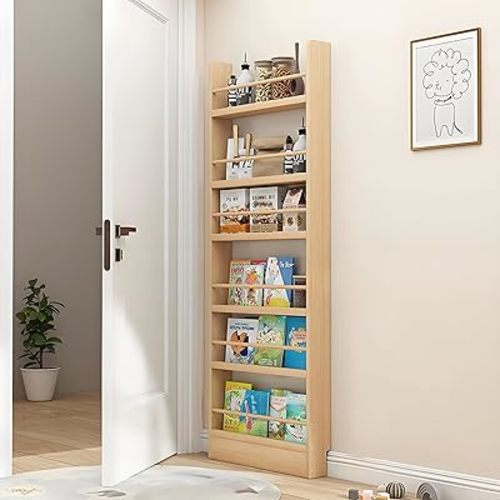 Wooden 3/4/5/6 Tier Behind The Door Bookshelf, Tall Narrow Floor Standing Bookcase, Space-Saving Storage Organizer for Books, Bedroom, Living Room, Office Wood Color 23.6x3.9x70.2
