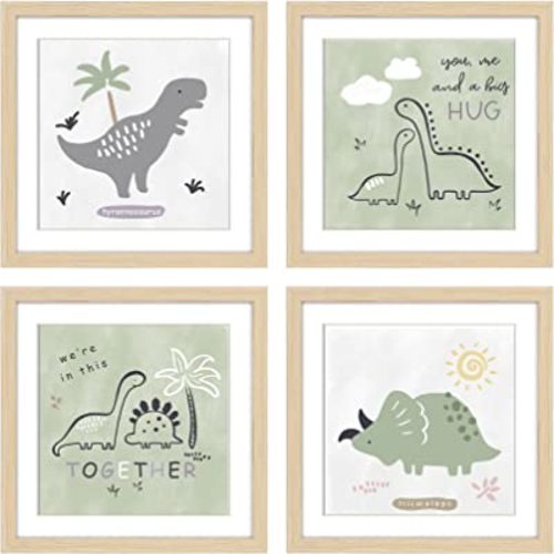 ArtbyHannah 4 Pack 10x10 Inch Framed Baby Nursery Wall Art Decor with Green and Gray Decorative Adorable Dinosaurs Art Prints for Kids Bedroom, Playroom, Nursery Room Decoration