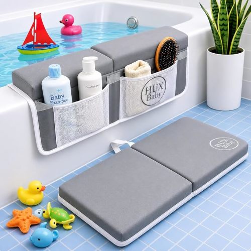 Comfortable Baby Bath Kneeler and Elbow Rest Pad Set, Non-Slip Bathtub Kneeling Pad for Bathing Baby, Bath Tub Cushion Mat, Elbow Pads, Toy Organizer Storage Pockets, Strong Suction Cups